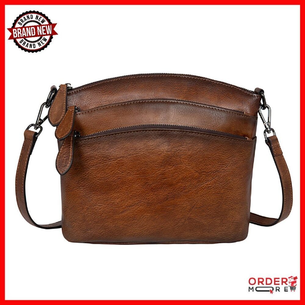 Genuine Leather Crossbody Bag with Multi-Pockets, Adjustable Strap